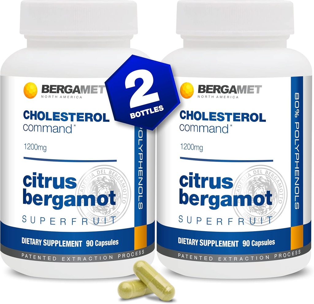 Cholesterol Command, Citrus Bergamot SuperFruit Supplement, 47% Bergamot Polyphenol Fraction (BPF) Patenteret formel, Lavet i USA, 2 måneder, 180 Capsules - 2 flasker