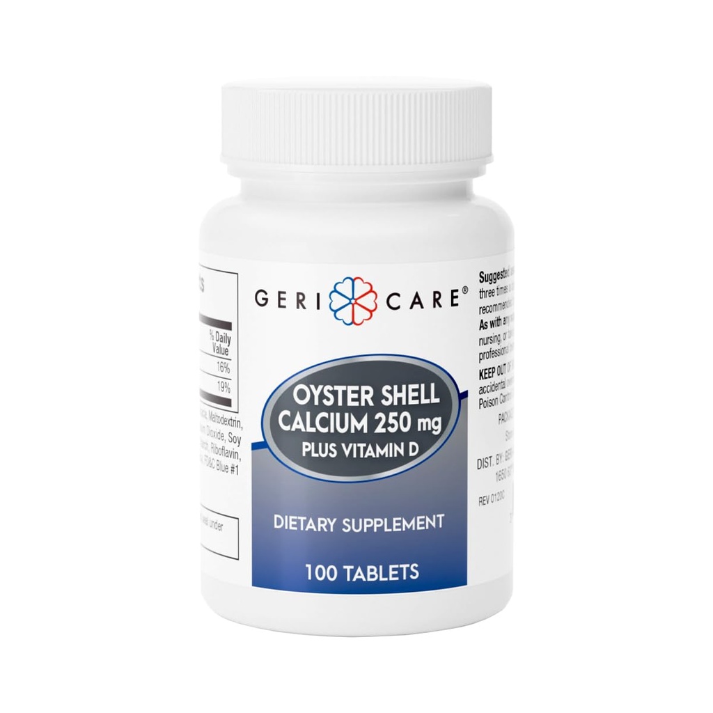 Gericare Oyster Shell Calcium 250 mg, D- vitamin 125IE tabletter, benernæringstilskud, 100 greve (pakning med 1)