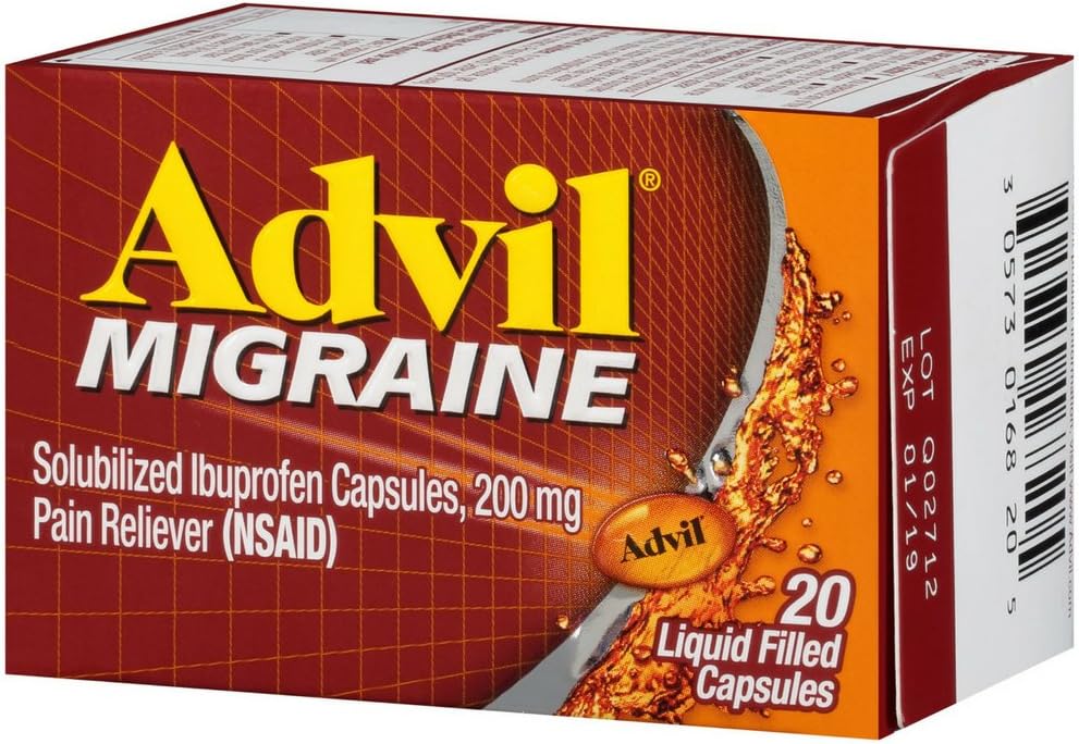 Advil Migræne Smerte Reliever, Solubilized Ibuprofen 200mg, 20 Greve, Flydende fyldte kapsler, Kraftfuld Migræne Relief