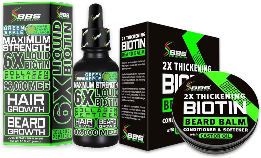Beard Growth Kit w / 2X Thickening Biotin Beard Balm & Mustache Wax + 6X Flydende Biotin med Collagen Peptider til Ansigtshårvækst - Formuleret i Amerika
