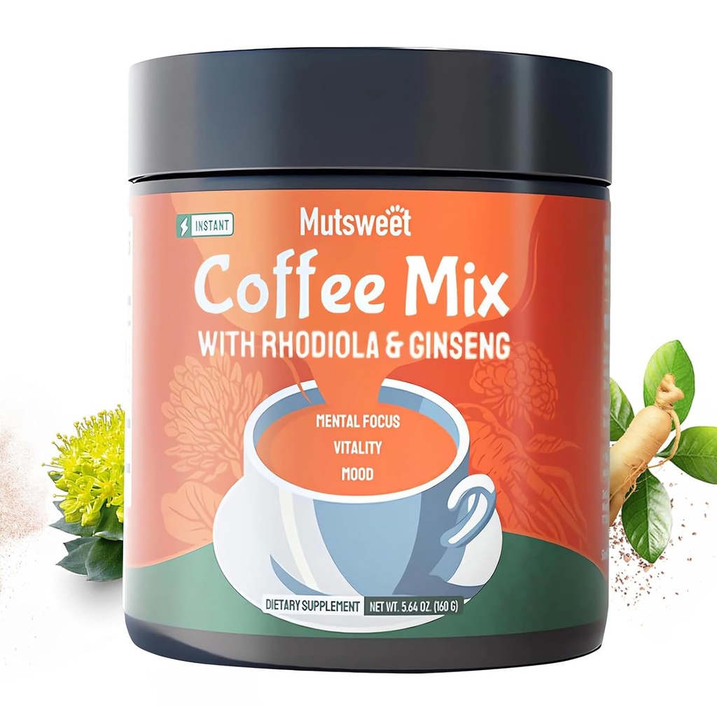 Mutsweet Rhodiola Rosea Instant Coffee Mix med Ginseng Supplement, 40 Servering, Kaffe Alternativ Pulver, Ginseng Uddrag, Ground Coffee Support Energy, Mood, Stress, Stamina