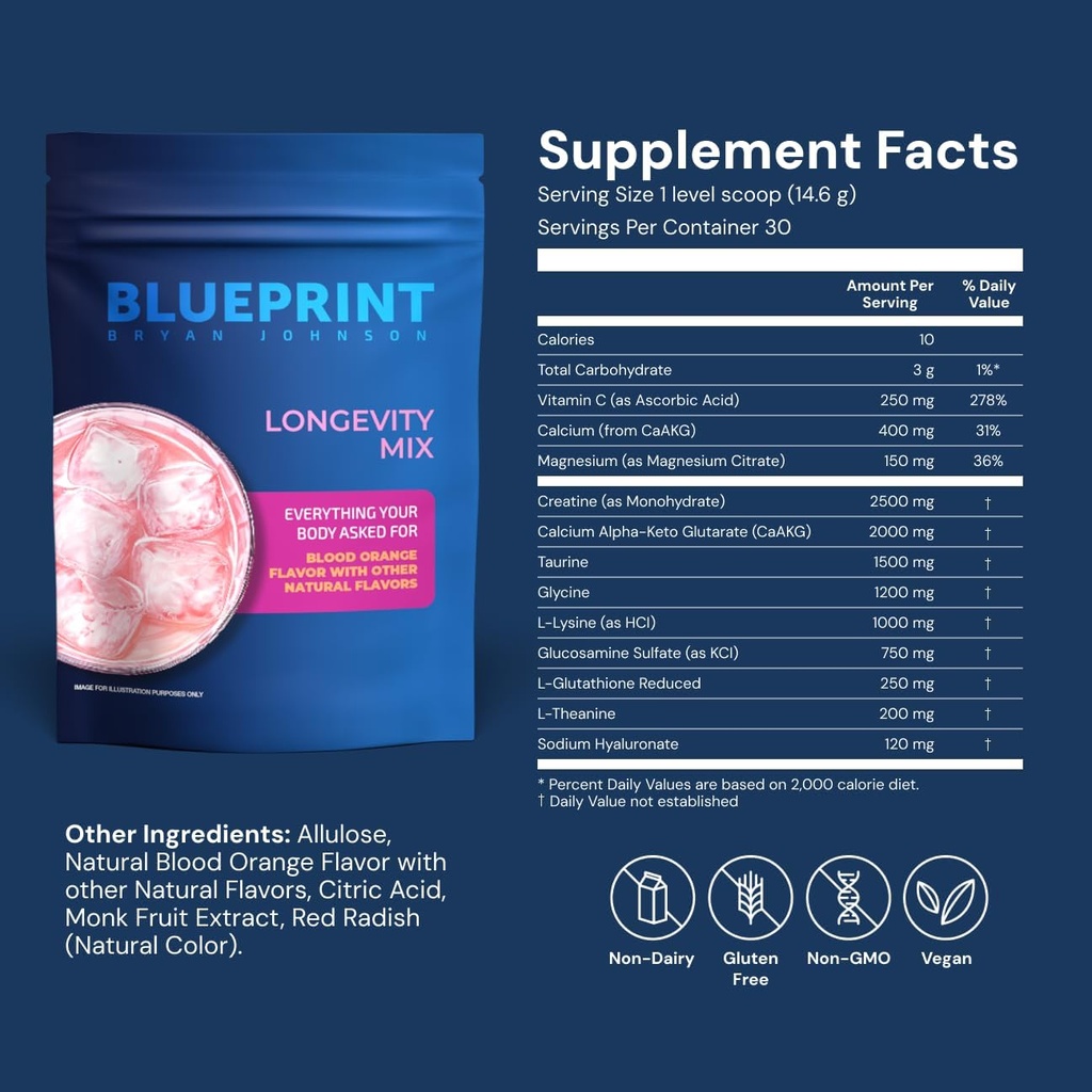 Blueprint Bryan Johnson Longevity Mix - Muscle Builder & Recovery Supplement - fremmer fokus og balanceret mad - Magnesium, Creatin, L- Theanine, Glutathione & Vitamin C- 30 Servering, Blood Orange