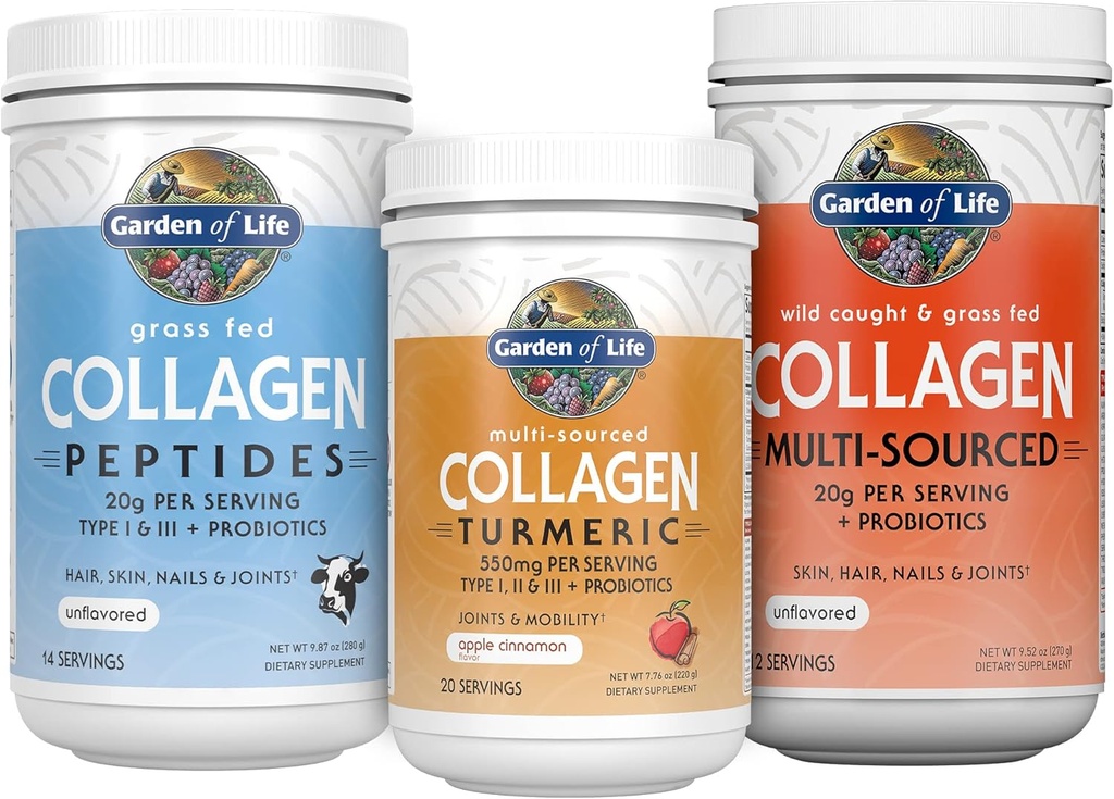 Livets have Collagen Bundle: Græs Fed Peptider Unflavored 14 Servere + Collagen Turmerisk Apple Kanel 20 Servere + Multi- sourced Collagen Unflavored Powder 12 Scoops, Hår, Hud, Nails Joints