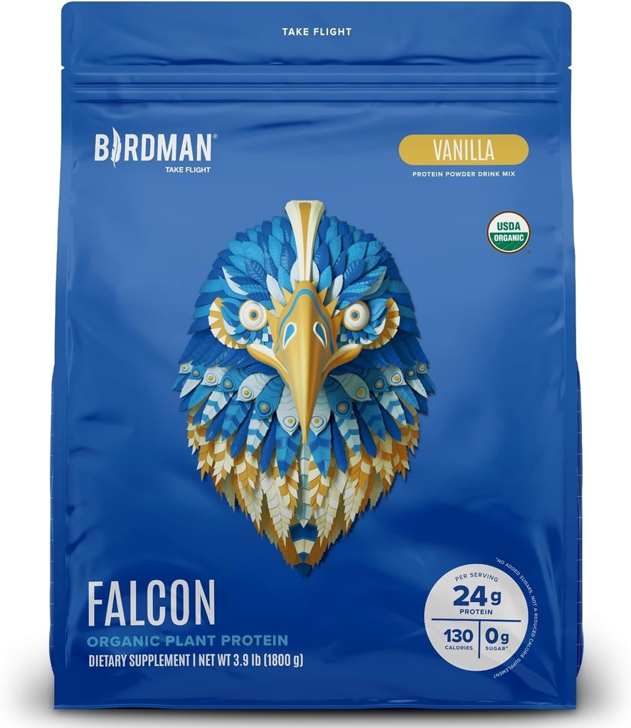 BIRDMAN Falcon Vegan Protein Powder Organic, Stevia & Sugar Free, Plant Based Protein, Low Carb, Dairy Free, Keto, Non Whey Protein, Probiotic, Pea Protein Medical 124; Vanilla Flavor - 60 Servering - 3,9 LB