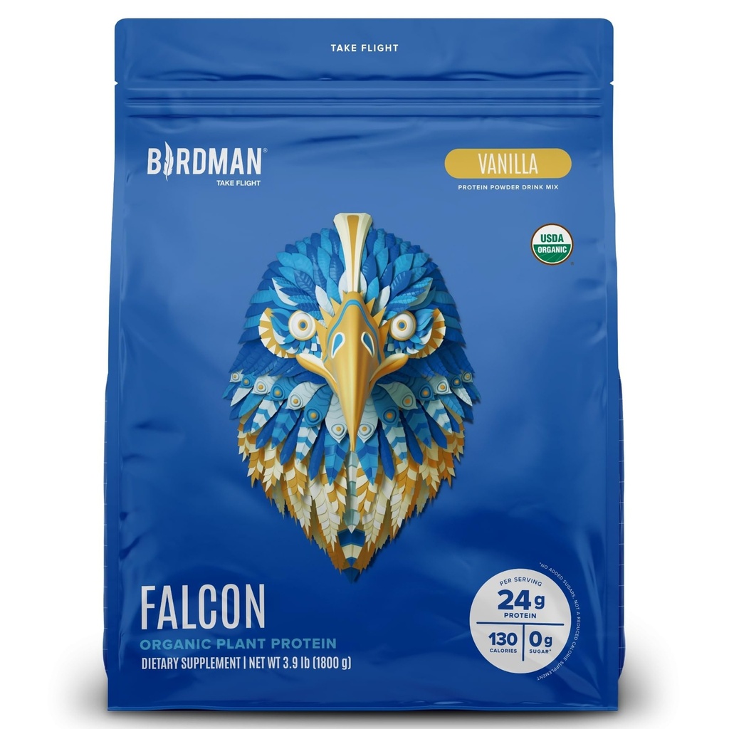 BIRDMAN Falcon Vegan Protein Powder Organic, Stevia & Sugar Free, Plant Based Protein, Low Carb, Dairy Free, Keto, Non Whey Protein, Probiotic, Pea Protein Medical 124; Vanilla Flavor - 60 Servering - 3,9 LB