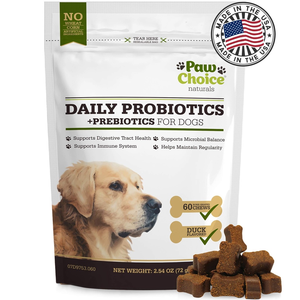 Paw Choice Probiotika til hunde med Prebiotika - Daglige tykkere for Gut sundhed, fordøjelse, regelmæssighed, og immunforsvar - Natural Supplement Treat Made i USA