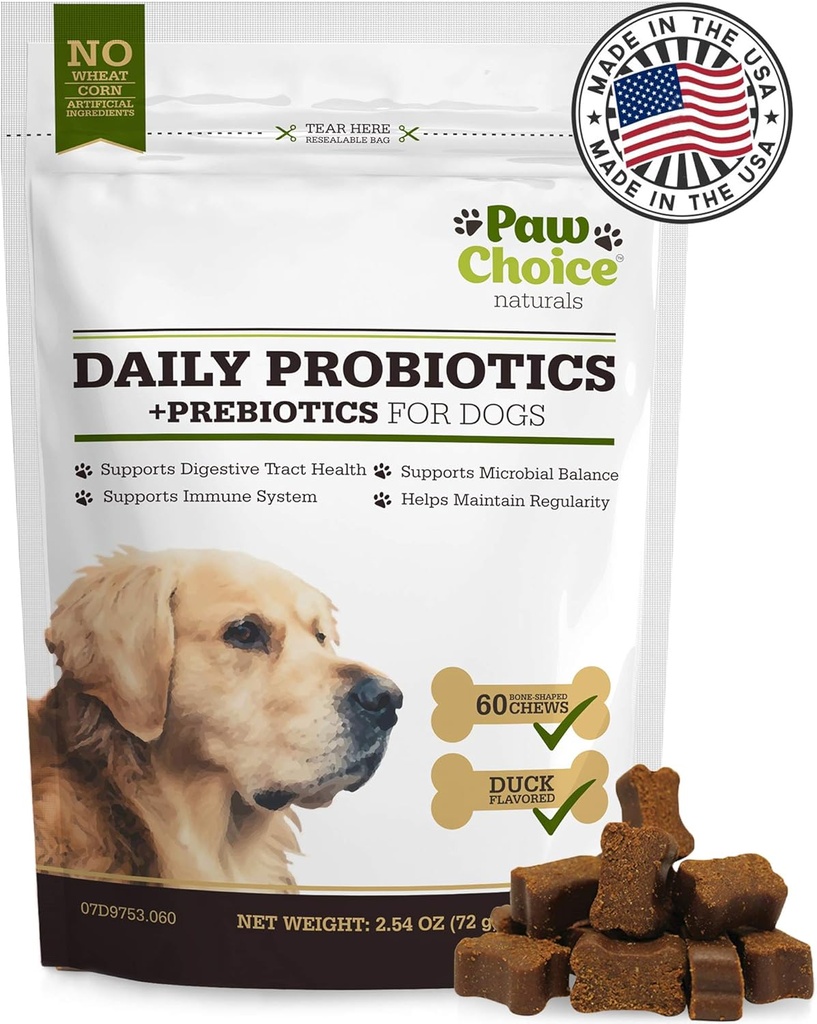 Paw Choice Probiotika til hunde med Prebiotika - Daglige tykkere for Gut sundhed, fordøjelse, regelmæssighed, og immunforsvar - Natural Supplement Treat Made i USA