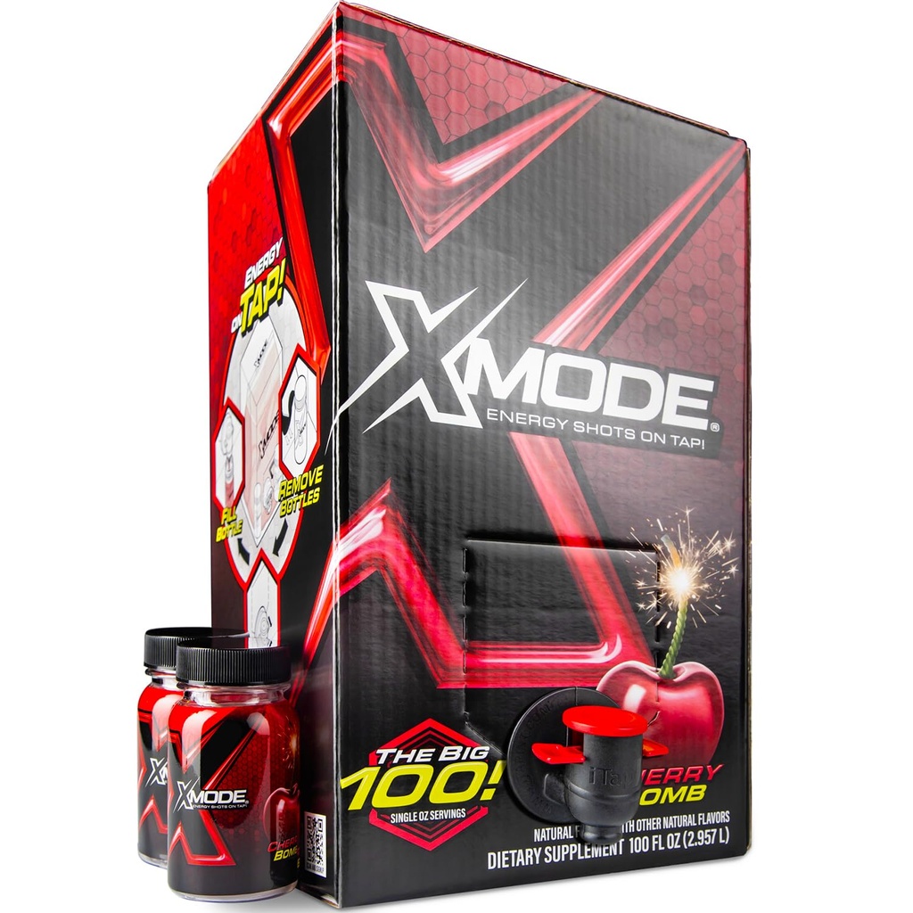 XMODE Extra Strength Energy Shots on Tap - Cherry Bomb Flavor, Sugar Free, 150mg Koffein per oz, B12, 100 (1oz) Serveringer, Dispenser med 2 genopfyldelige flasker