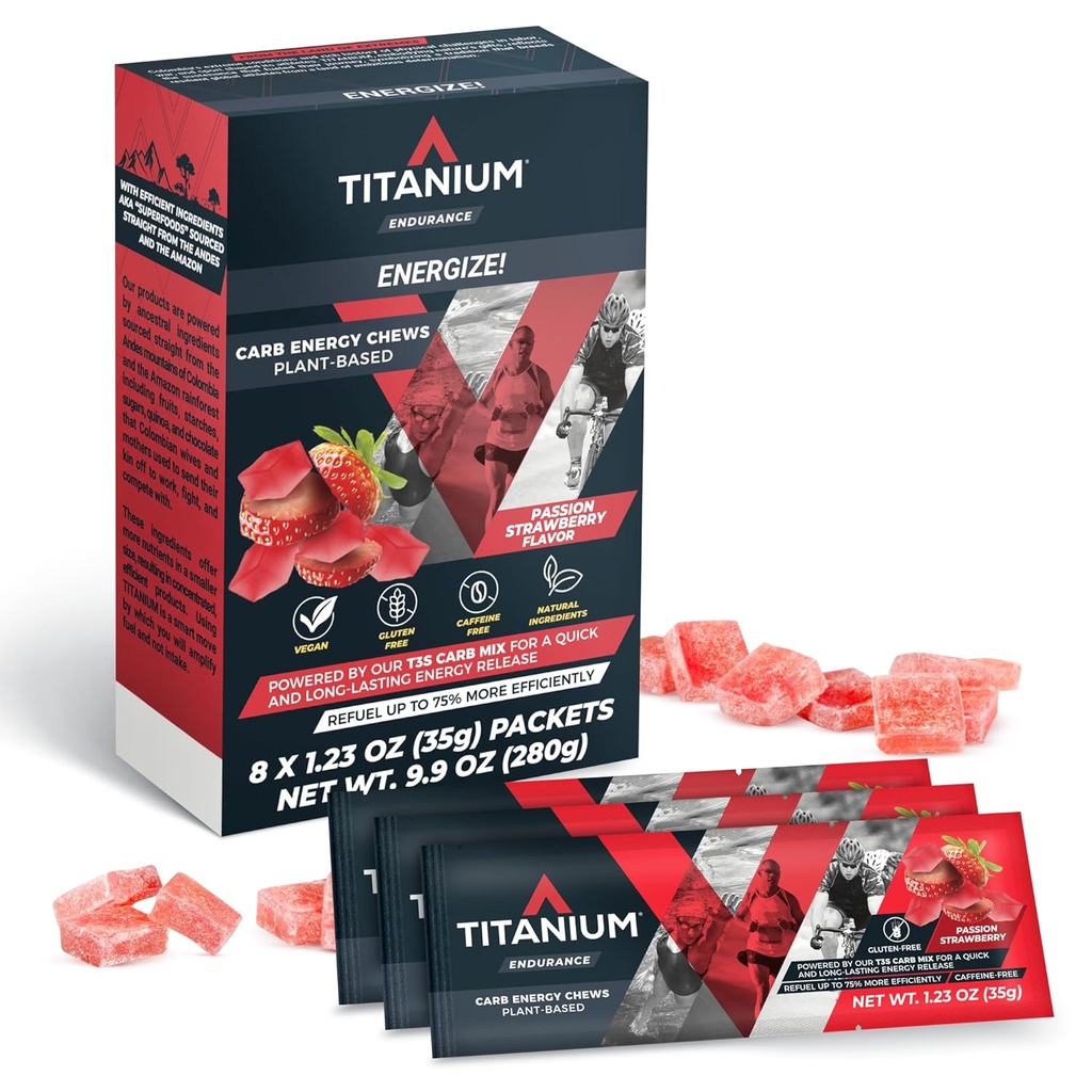 TITANIUM Energy Chews for Running, Cykling - Plante-baseret Natural Endurance Energy Gummies to Re Fuel - Energitillæg - Fortræning Snack Bloks - Hurtigere end Energy Gels - Ingen koffein - 8 Tæl
