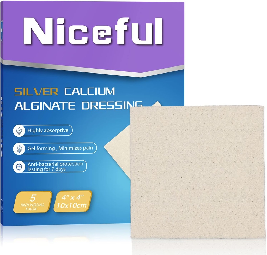 Sølv Calcium Sår Dressing 4X4, HSA FSA Egnede, HøjAbsorbent Ag Sølv Calcium Alginate Sår Dressing Pads Soft, 5 Pcs