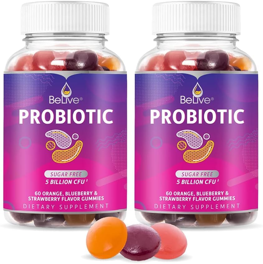 BeLive Probiotiske Gummies - Probiotika med 5 Millioner CFU 'er til fordøjelse, Mænd, Kvinder & Børn Probiotiske Kosttilskud til immunforsvar, Sukker Free & Vegan - Blåbær, Jordbær & Orange