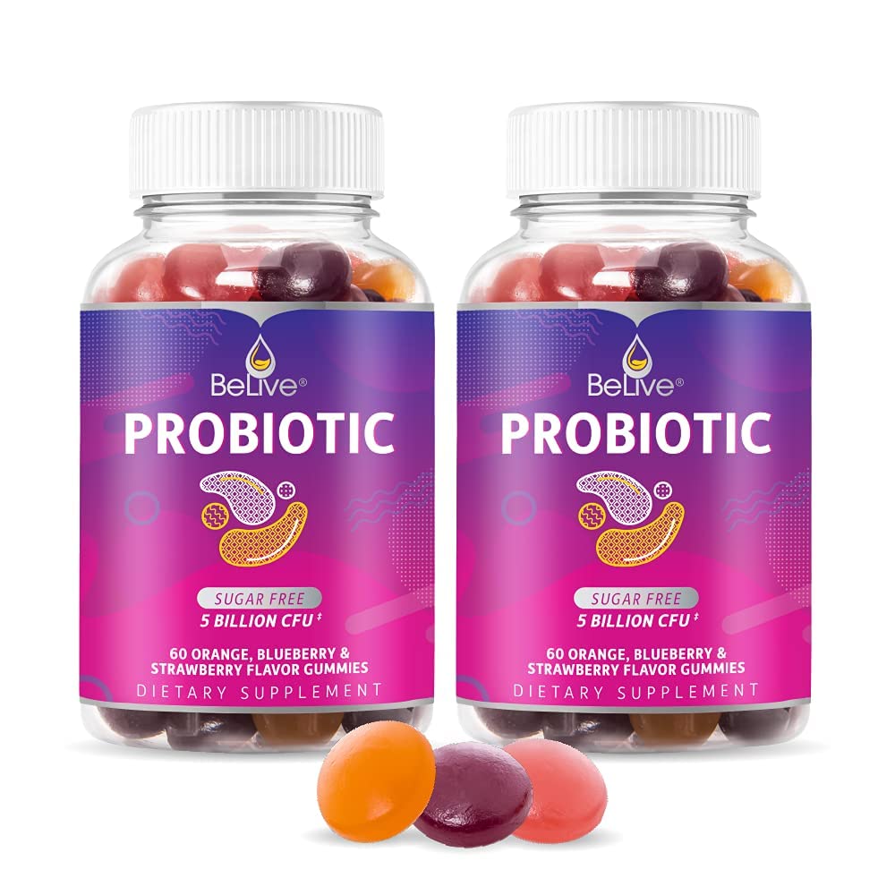 BeLive Probiotiske Gummies - Probiotika med 5 Millioner CFU 'er til fordøjelse, Mænd, Kvinder & Børn Probiotiske Kosttilskud til immunforsvar, Sukker Free & Vegan - Blåbær, Jordbær & Orange