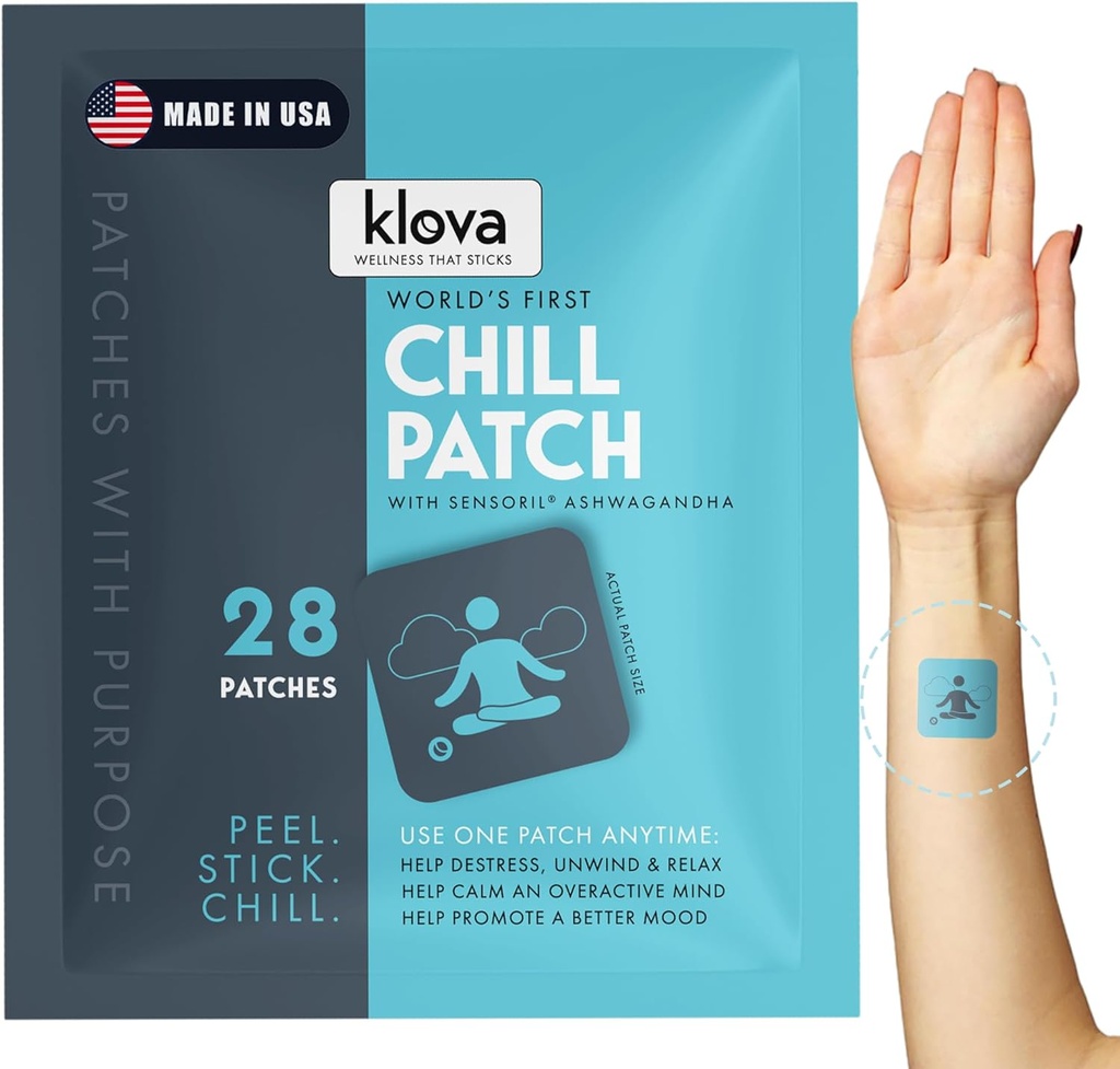 Klova Chill Patches med klinisk provet sensoril Ashwagandha, Rhodiola Rosea, Passion Flower, Ginger Root Extract, L-Theanine, GABA og andre naturlige ingredienser til at hjælpe med at ødelægge, slappe af og slappe af