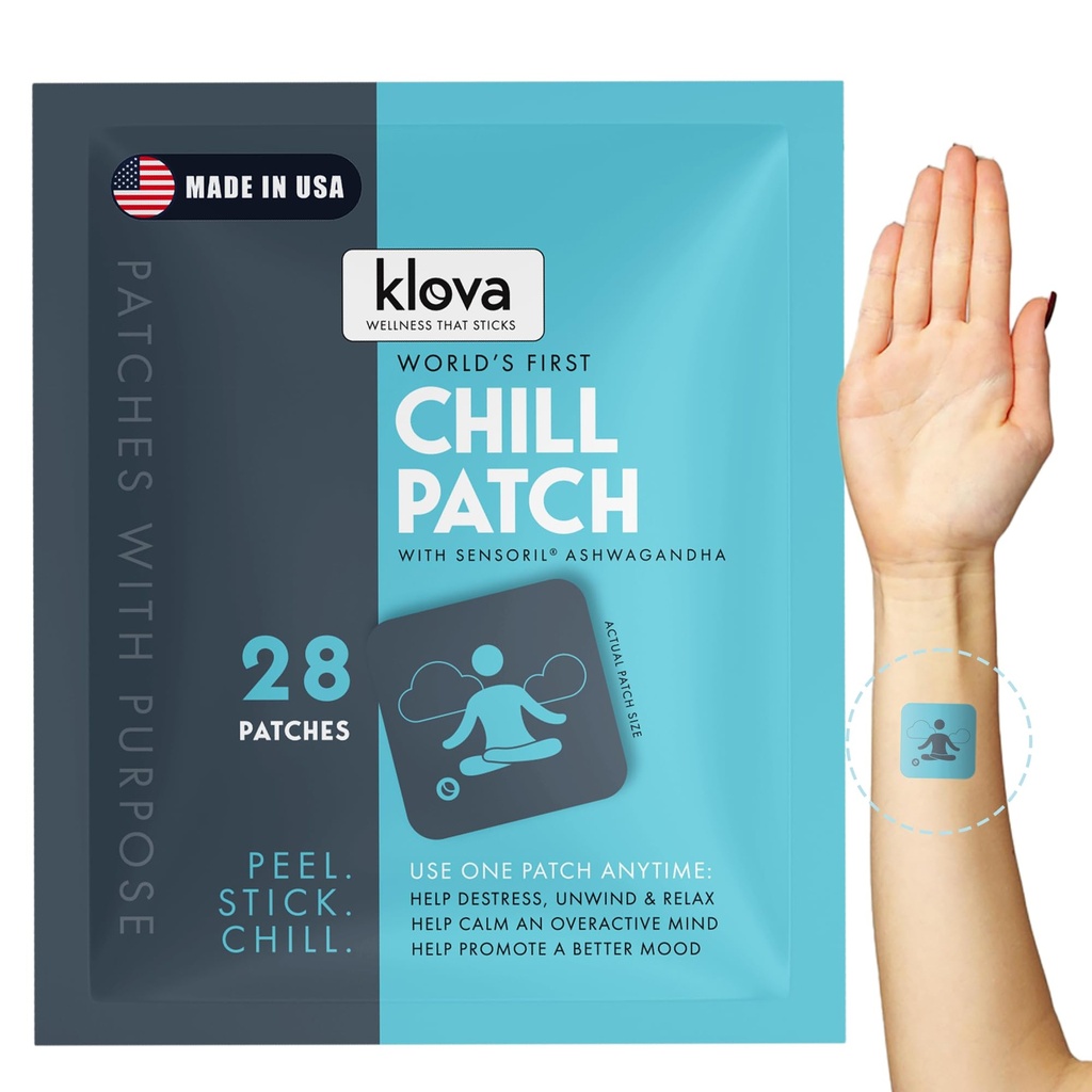 Klova Chill Patches med klinisk provet sensoril Ashwagandha, Rhodiola Rosea, Passion Flower, Ginger Root Extract, L-Theanine, GABA og andre naturlige ingredienser til at hjælpe med at ødelægge, slappe af og slappe af