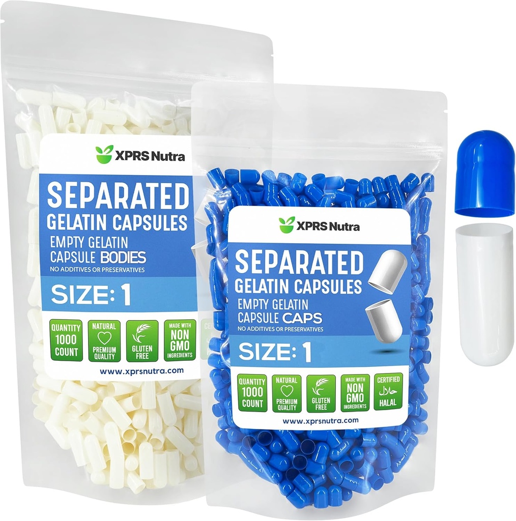 XPRS Nutra Størrelse 1 Gelatine Separated Capsules - 1000 Count Tomme Pille Kapsler Separated in Bags - Tomme Pills for DIY Supplement Filling (blå / hvid)