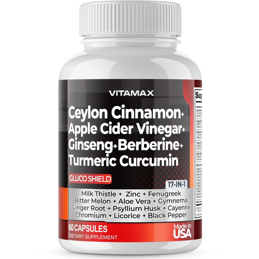 Ceylon Cinnamon, Apple Cider Vinagre, Gurkemeje - Gluco Health Support - Panax Ginseng, Berberine, Bitter Melon Milk Thistle Fenugreek - Ikke GMO - Made in USA - 60ct