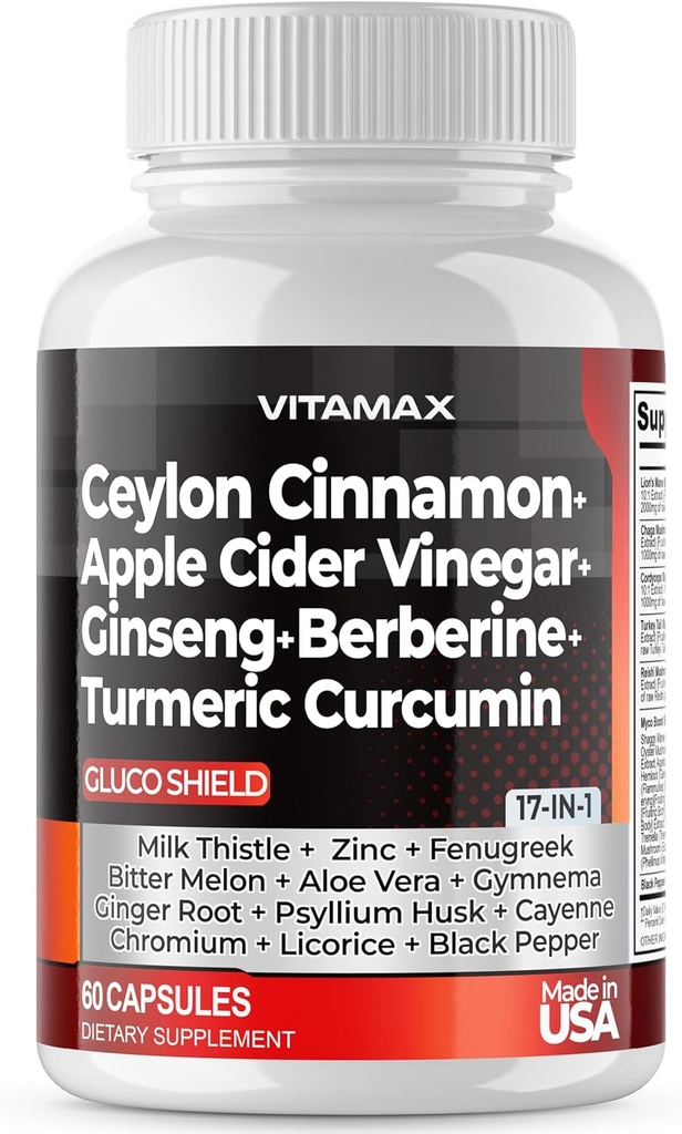 Ceylon Cinnamon, Apple Cider Vinegar, Turmeric - Gluco Health Support - Panax Ginseng, Berberine, Bitter Melon Milk Thistle Fenugreek - Non GMO – Made in USA – 60ct
