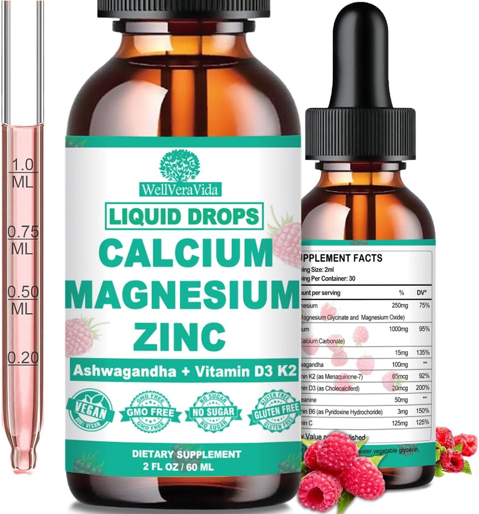 Calcium Magnesium Zinc D3 with Calm Magnesium Glycinate Plus Ashwagandha, L-Theanine, Liquid Calcium with Vitamin D3 and Magnesium Supplement for Immune, Bone, Muscle, Mood & Sleep Support