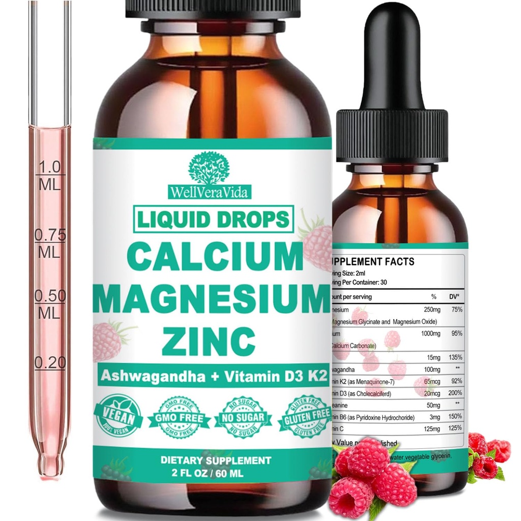 Calcium Magnesium Zink D3 med Calm Magnesium Glycinat Plus Ashwagandha, L- Theanin, Liquid Calcium med D3- vitamin og Magnesiumtilskud til immun-, ben-, muskulatur, mood & dvalestøtte