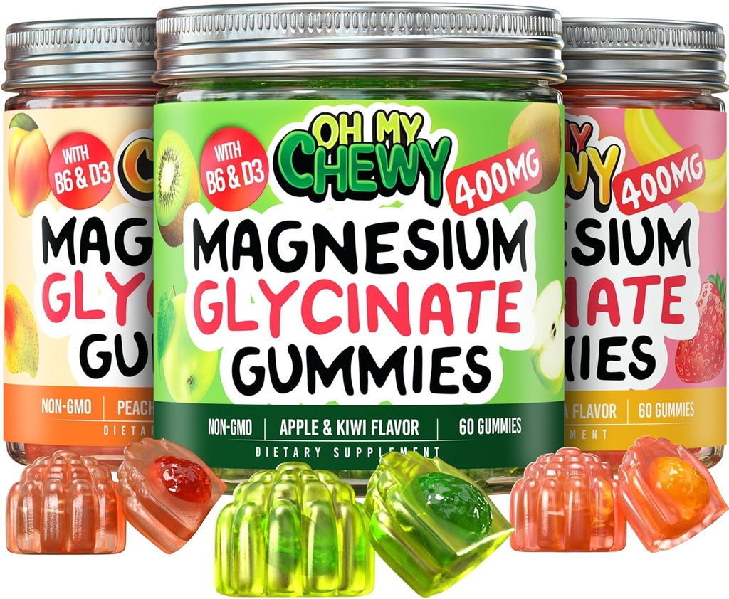Magnesium Gumies Variety Pack - 3 flasker (60 Hver) - Strawberry Banana, Apple Kiwi & Peach Mango