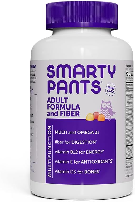 SmartyPants Fiber Supplement & Multivitamin til mænd og kvinder: Multivitamin Fiber Gummies med vitamin D3, C, vitamin B12, B6, A, K & Zink, Omega 3 Fish Oil (EPA / DHA), Biotin, 180 Greve (30 dages forsyning)