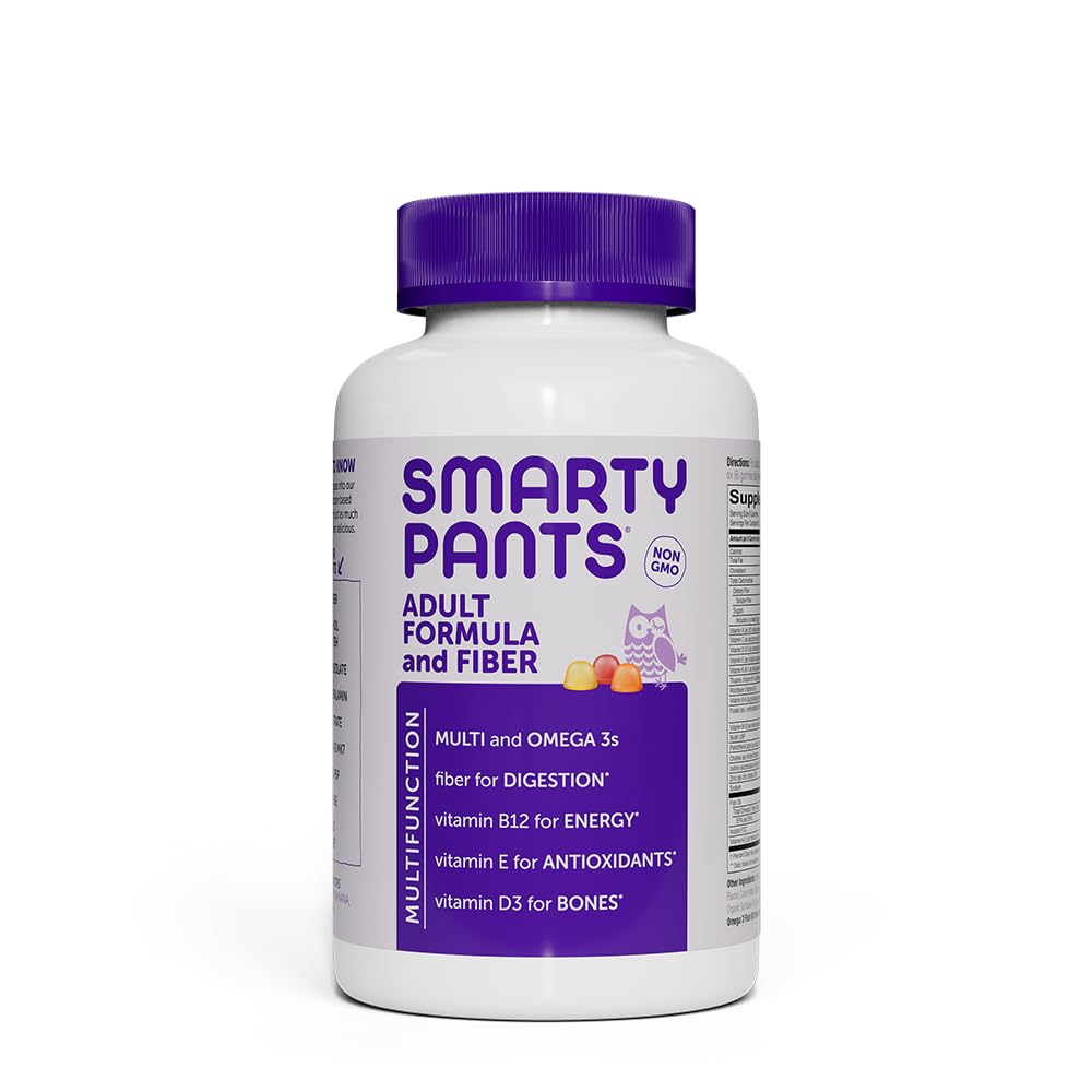 SmartyPants Fiber Supplement & Multivitamin til mænd og kvinder: Multivitamin Fiber Gummies med vitamin D3, C, vitamin B12, B6, A, K & Zink, Omega 3 Fish Oil (EPA / DHA), Biotin, 180 Greve (30 dages forsyning)