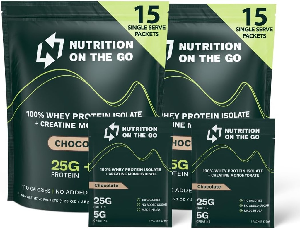 Nutrition On Go Whey Protein Isolere pakker med Creatin - 25g Protein + 5g Creatin - Single-Serve Travel Protein Powder - Chokolade (30 - Pack)