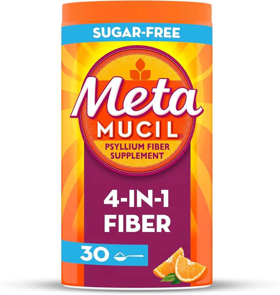 Metamucil 4 i 1 daglig fiber supplement pulver, fibre pulver til fordøjelsesbesvær sundhed og regelmæssighed *, sukkerfri, orange, naturligt sourced psyllium fibre, 30 teskefulde