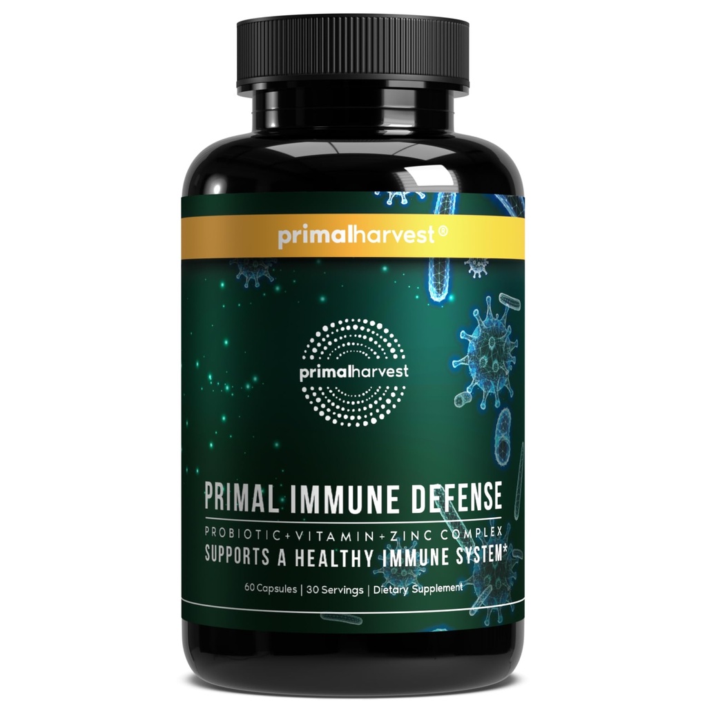 Primær høst Primær immunforsvar 10- in-1 immunforsvar Supplement: med 7 Millioner CFU Probiotika, zink, Vitamin C, B6, D3, K2 - Immunboostere til voksne 60 kapsler (1 pakke)
