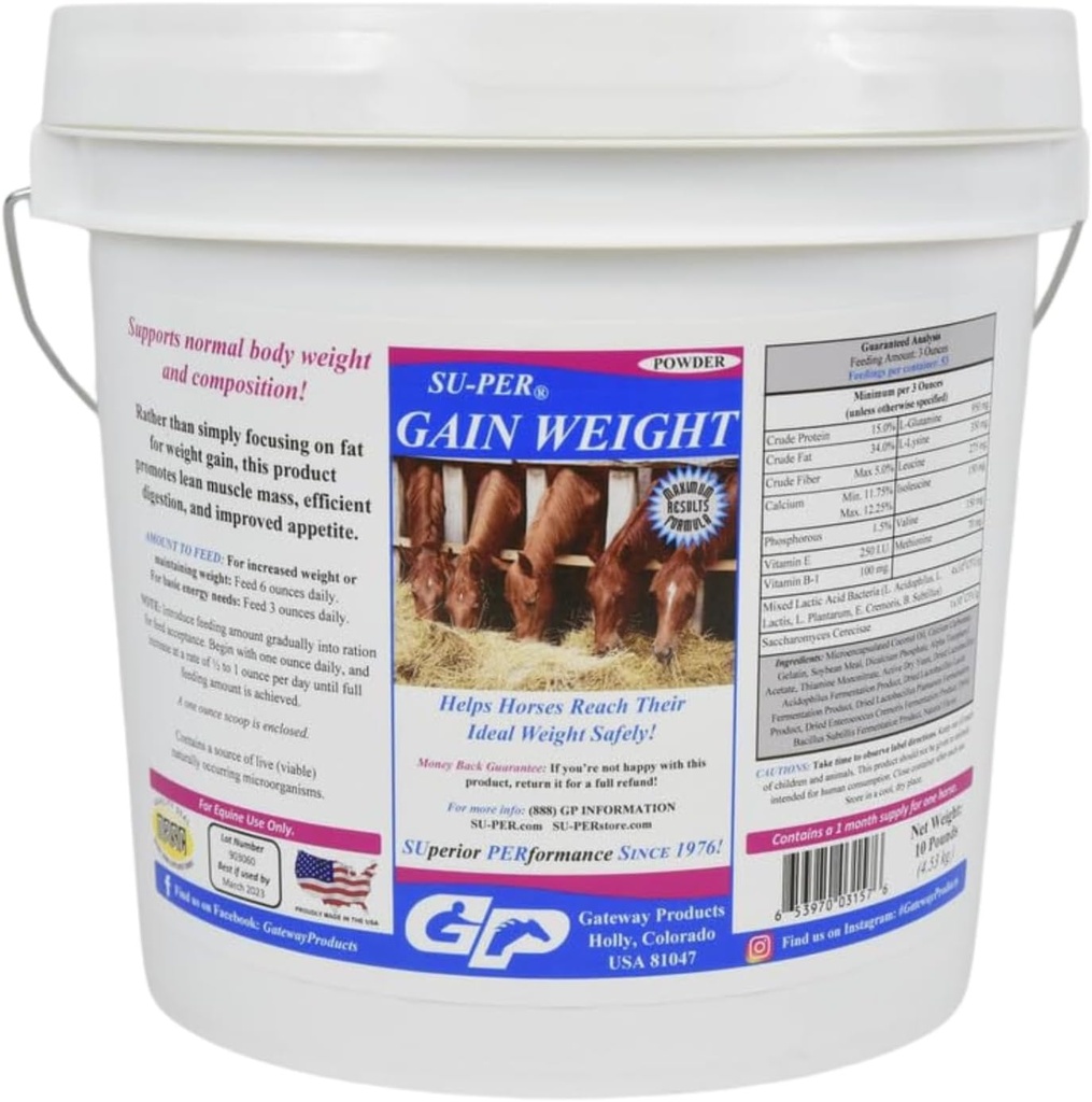 SU- PER Gain Vægt til heste - Equine Supplement Vægt Gainer til heste - fremmer Lean muskelmasse, fordøjelse & Appetit - 10 Pund, 1 Måned Supply