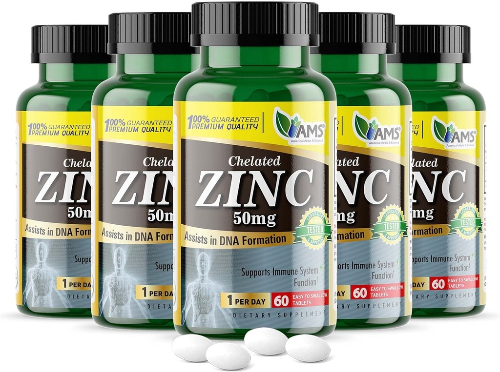 America Medic & Science Chelated Zink 50 mg Kosttilskud (5 pakke med 60 tabletter) Immunbooster og kraftfulde antioxidant piller til voksne mænd og kvinder