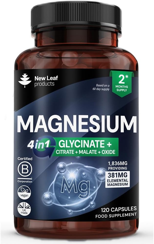 Magnesium Glycinat 4- in-1 Complex 2000mg - 449mg Elemental Magnesium High Strength Magnesium Kosttilskud - Magnesium Bisglycinat, Citrat, Malat, Oxide - 120 Kapsler - Vegan UK Made by New Leaf