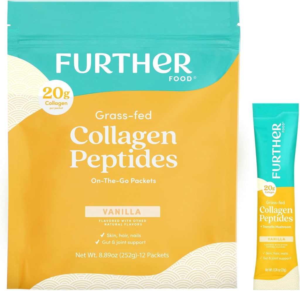 Yderligere mad vanilje collagen peptider pulver stick pakker, Grass- Fed Pasture- Raised Hydrolyzed Type 1 & 3 Protein, Gut Health + fælles, hår, hud, negle, Paleo Keto Sugar- Free 8,89 oz