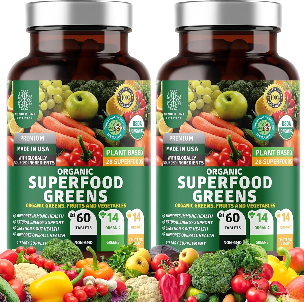 2-Pack N1N Premium Organic Green Superfood, Fruits & Veggies [28 Powerful Ingredients] Natural Supplement with Alfalfa, Beet Root & Tart Cherry for Energy, Immunity, Digestion, 120 Ct