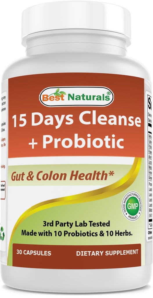 Bedste Naturals 15 Day Gut & Colon Cleanse + Probiotika for kvinder og mænd med Senna, Cascara Sagrada & Psyllium Husk- 30 kapsler - Non- GMO & Gluten Free.