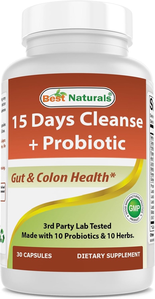 Bedste Naturals 15 Day Gut & Colon Cleanse + Probiotika for kvinder og mænd med Senna, Cascara Sagrada & Psyllium Husk- 30 kapsler - Non- GMO & Gluten Free.