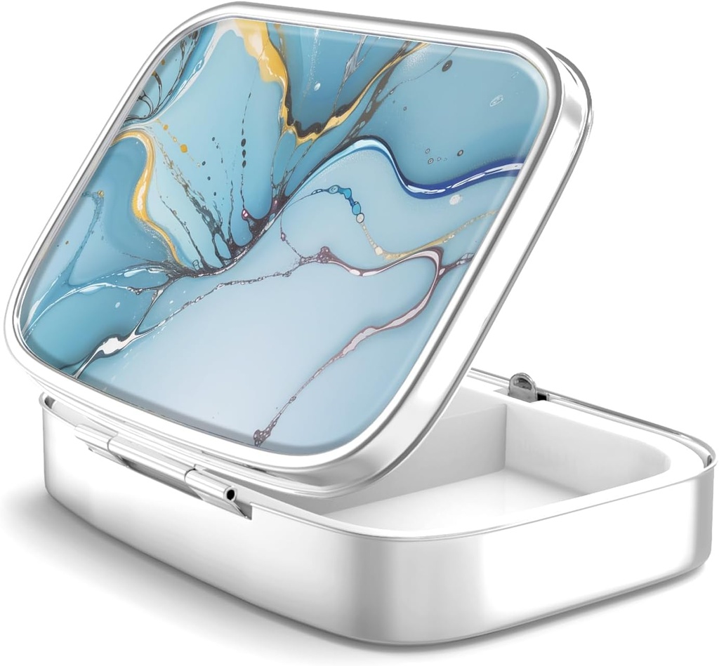 Pill Box 2 Segment Medicine Pill Case, Portable for Pocket eller Purse Pill Box Dekorative Metal Medicine Vitamin Organizer Unique gave Bule Marble
