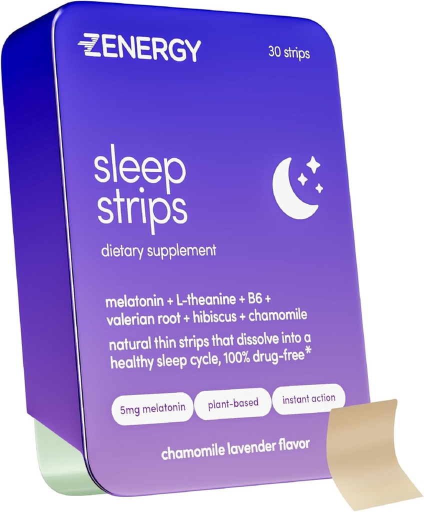 ZENERGY Sleep Orale Strips - Kamille Lavendel Flavors - 124; 5mg Melatonin + 20mg L- Theanine + 100% vitamin B6 + botaniske - 124; 0 Sukker, 0 Kalorier, 0 Gluten, Vegan, Instant Action - 124; 1 Tin = 30 Strips