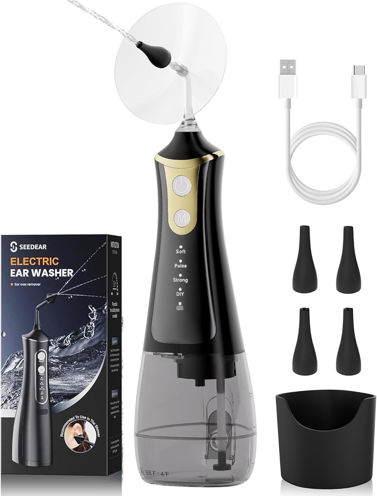 Elektrisk Ear Wax Removal Kit, Ear Wax Cleaner med 4 vandtryks Modes, Ear Rengøring Kit Safer og mere effektiv Ear Vanding Flushing System, Earwax Removal Tool med 4 dyser (sort)