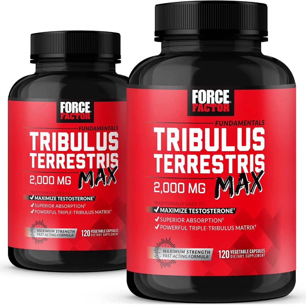 FORCE FACTOR Tribulus Terrestris Max for mænd 2- Pack, Testosteron Booster, Mand Vitality supplement, Lavet med vigtige naturlige ingredienser Superior Absorption, 2000mg, 240 kapsler, rød