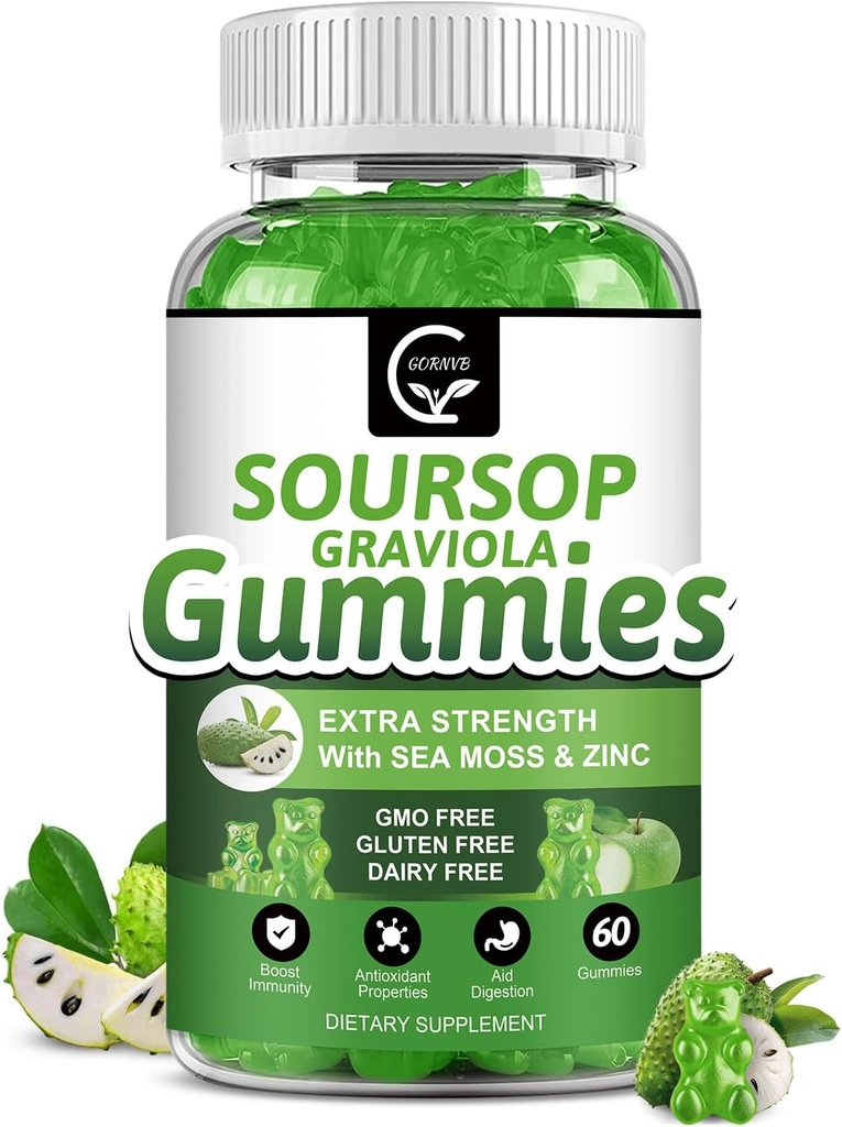 Organic Soursop Graviola Gummies - 2200mg Extra Strength Soursop Leaves Extract w / Sea Moss Extract 200mg, Zink & Vitamin C - understøtter immunitet, lever, Zzz & Antioxidant, Gluten Free, Vegan, 60 Gummies