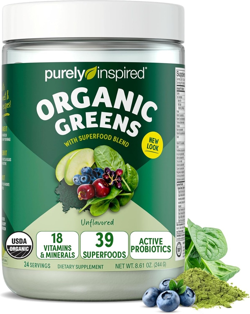 Rent Inspireret Økologisk Green Powder Smoothie Mix, Unflavored (24 Serveringer) - Probiotika til fordøjelse med Spirulina & Chlorella til Gut Health - Vegan & Gluten- Free