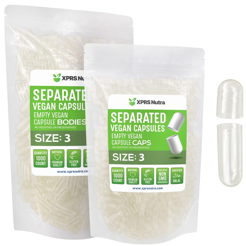 XPRS Nutra Vegan Størrelse 3 Separated Capsules - 1000 Greve Premium Tomme Caps Separeret i sække - Clear Tomme Kapsler - Piller til selv supplement påfyldning