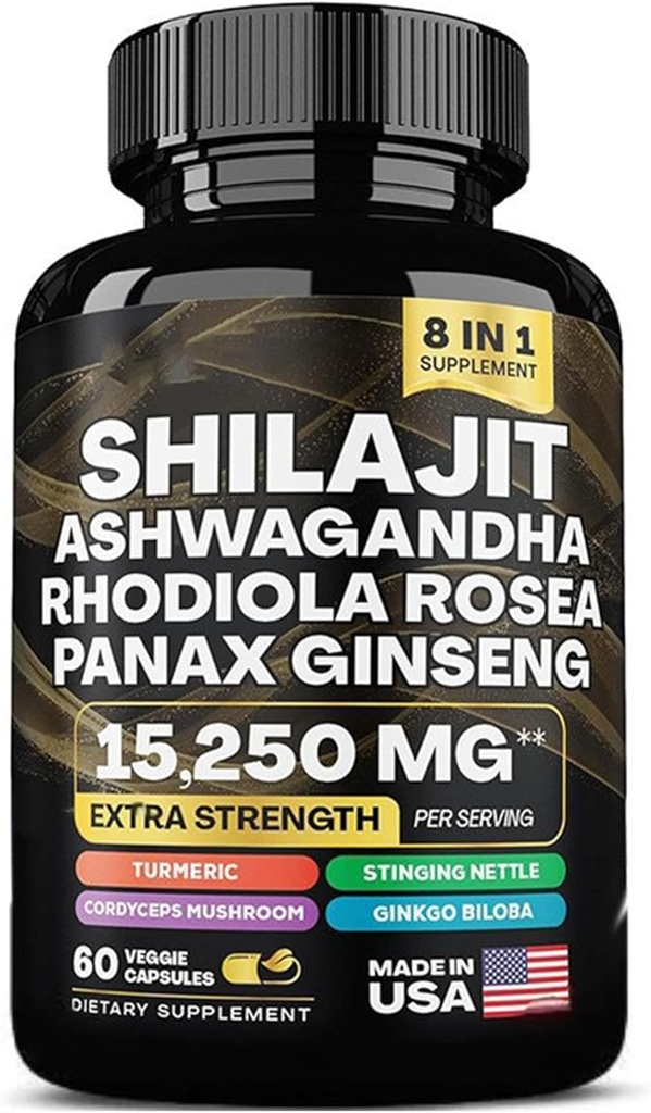 shilajit 9000 mg, Ashwagandha 2000 mg, Rhodiola Rosea 1000 mg, Panax Ginseng 1500 mg, cordyceps Mushroom 500 mg, Ginkgo Biloba 500 MG, Stinging Nettle 250 mg, Tumerisk 500 mg.