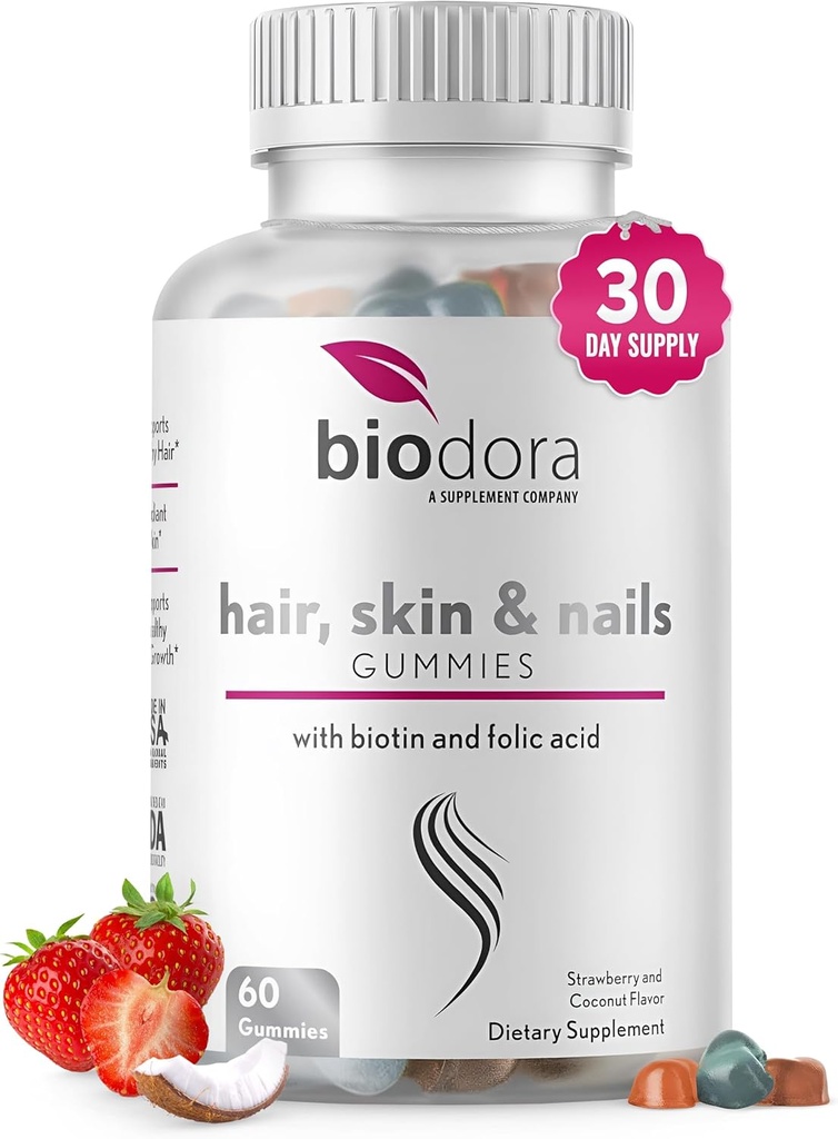 Hår Hud og negle Gummier, Ekstra styrke Biotin Gummies med folinsyre, Inositol og vitaminer, PCOS symptom Relief & Hormone Balance, Sugar- Free Strawberry & Coconut Flavor, 60 Gummies