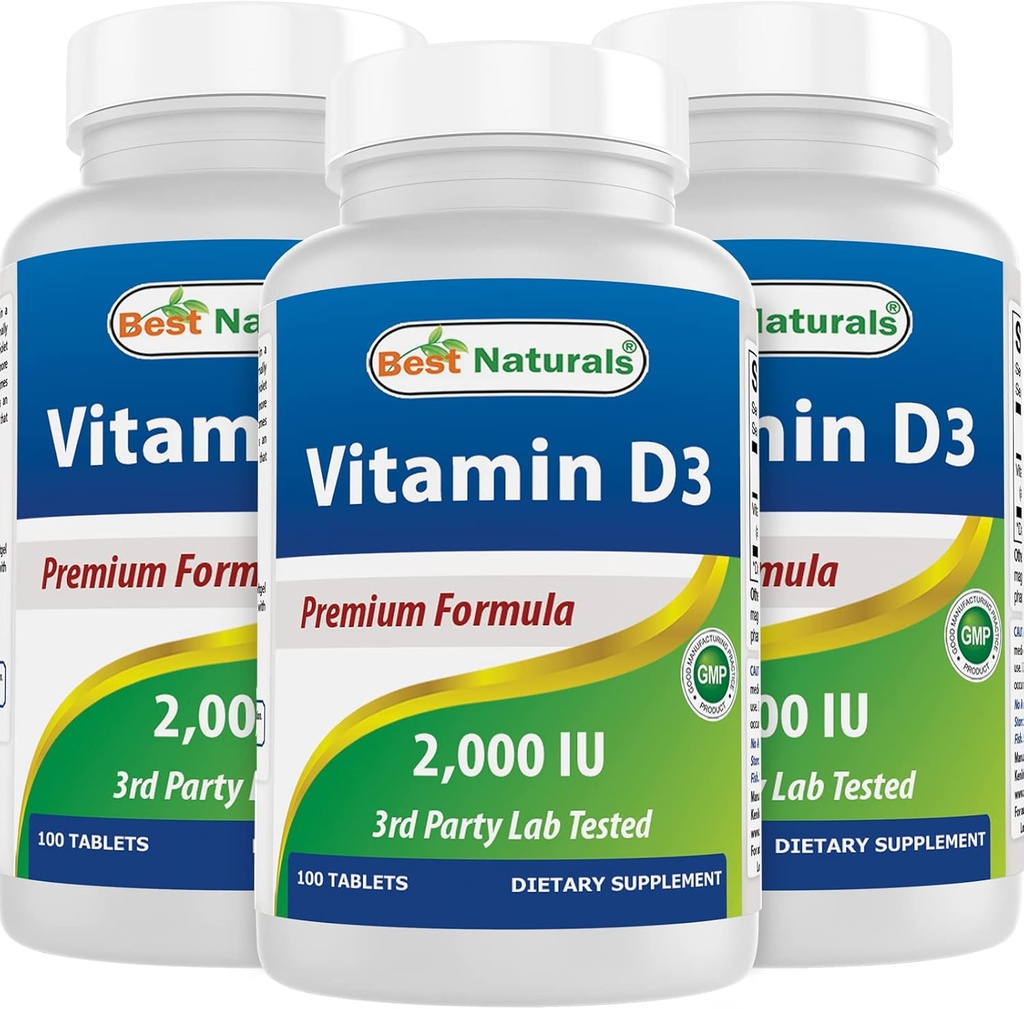 Bedste Naturals Vitamin D3 2000 IE (50 mcg) - 100 tabletter - 100 dages forsyning - Hjælper support immunforsvar, stærke knogler og tænder, & Muskelfunktion (100 greve (pakke med 3))
