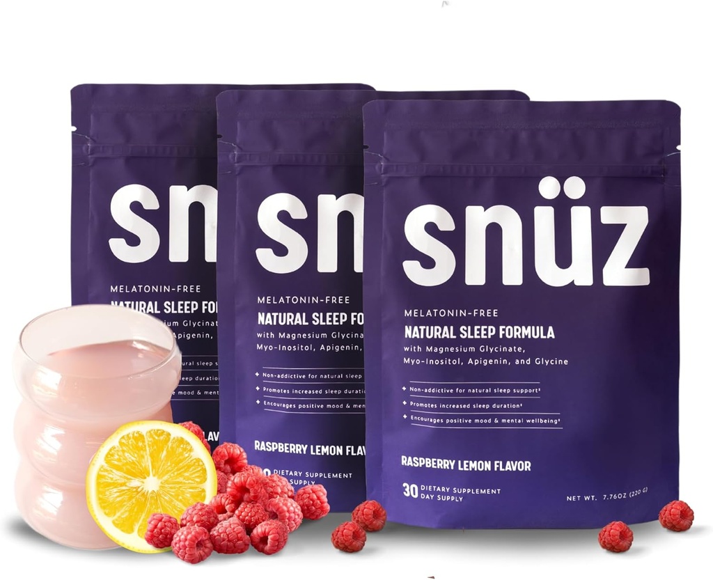 snüz Natural Sleep Support with Magnesium Glycinate, Myo- Inositol, Apigenin & Glycin, Melatonin Free, Sleep Aid til voksne, Ikke GMO, Gluten Free, Vegan, Raspberry Lemon Flavor, 90 Svgs