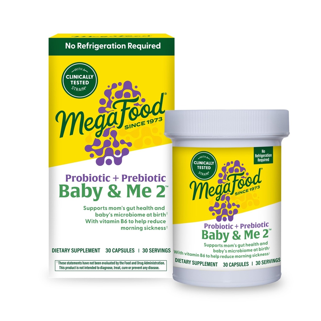 MegaFood Baby & Me 2 Prenatal Probiotisk, Vegetarisk Graviditet Prebiotika og Probiotika til kvinder, fordøjelsesmæssig sundhed & immunforsvar med vitamin B6 til morgen sygdom Relief, 30 kapsler