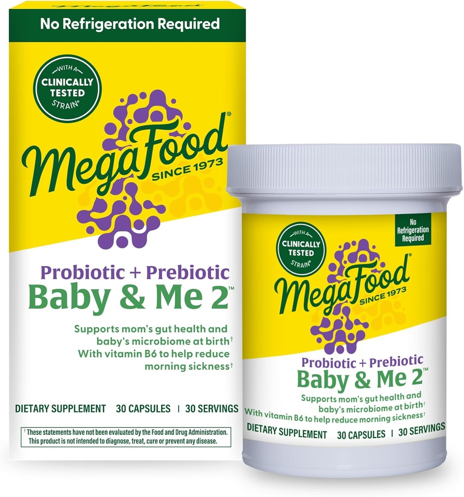 MegaFood Baby & Me 2 Prenatal Probiotisk, Vegetarisk Graviditet Prebiotika og Probiotika til kvinder, fordøjelsesmæssig sundhed & immunforsvar med vitamin B6 til morgen sygdom Relief, 30 kapsler