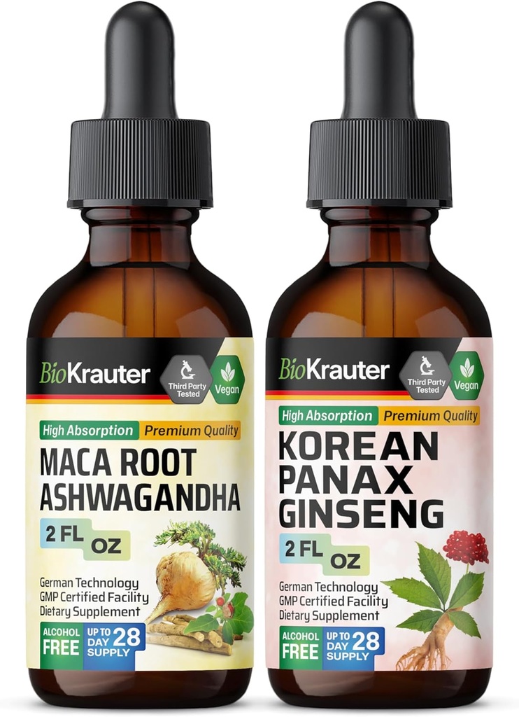 BIO KRAUTER Maca Root Ashwagandha Tinktur 2 Fl. Oz. & Koreansk Panax Ginseng Tinktur 2 Fl. Oz.